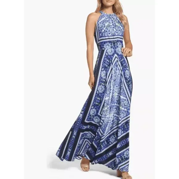 Eliza J | Dresses | Nwt Eliza J Scarf Print Maxi Dress Gown Halter Floral  Blue Green Sz 6 | Poshmark